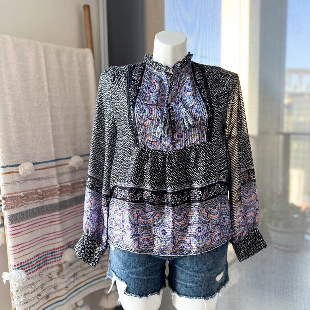 A La Plage Black White Blue Pink Printed Long Sleeves Boho Top Women’s Large